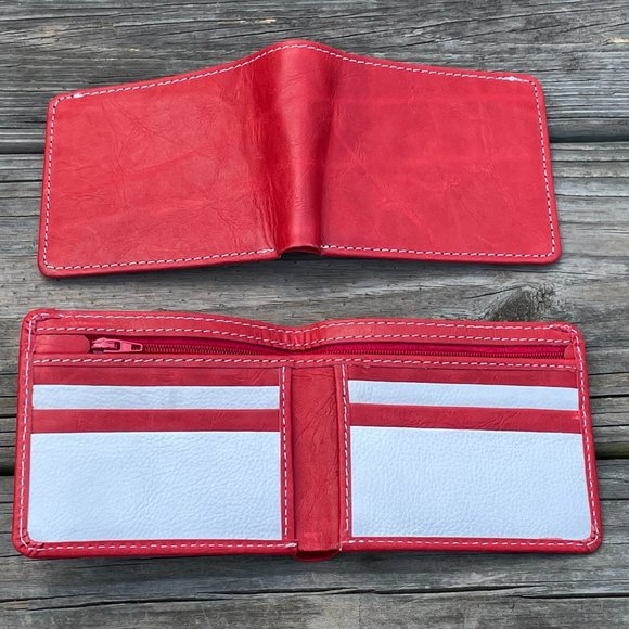 Cardholder Men  Wallet RedWhite Leather Handmade Lot of 2 - Picture 2 of 14